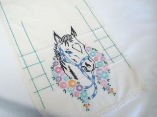 Vintage 1950s Hand Embroidered 35 " Dresser Scarf Runner Horse & Pastel Flowers