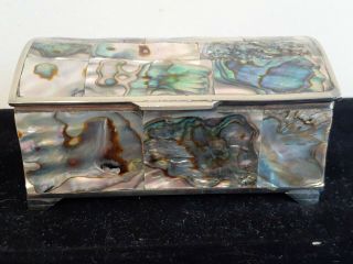 Vintage Mexican Abalone And Silver Tone Metal Box