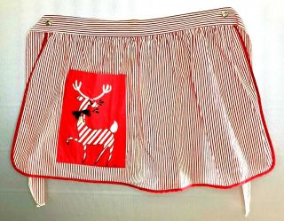 Vintage Christmas Apron Reindeer Pocket,  Red White,  Artistic Apron House 1960 