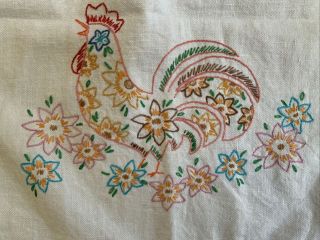 Vintage Linen Table Runner Dresser Scarf Hand Embroidered Rooster Chicken Floral