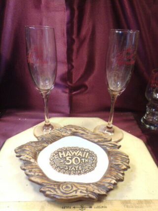 Vtg Treasure Craft Hawaii 50th State Tray/2 Pink Royal Hawaiian Hotel Glass - F/sh