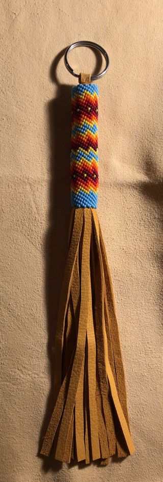 1 Bright Long Fringe Native American Lakota Sioux Beaded Leather Keychain