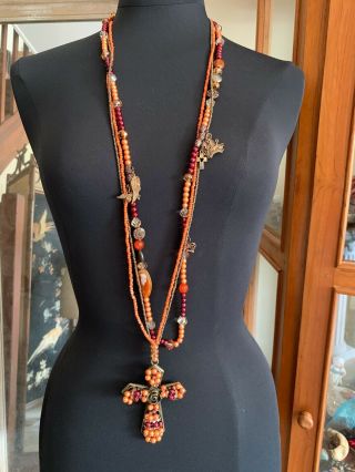 Vintage French Three Strand Necklace With Large Bronze Cross Pendant Beaded