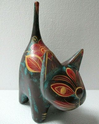Mexican Folk Art Hand Painted Clay Pottery Cat Figure 11 "