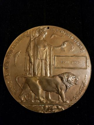 Wwi Bronze Memorial Death Plaque,  Dead Man’s Penny World War I " Isser Stern "