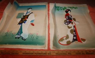 2 Vintage Signed Japanese Painting On Silk With Cloth Backing