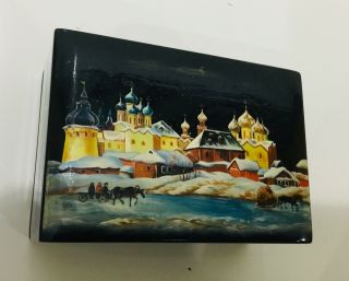 Vintage Russian Black Lacquer Trinket Box Signed Winter Scene Sleigh Church