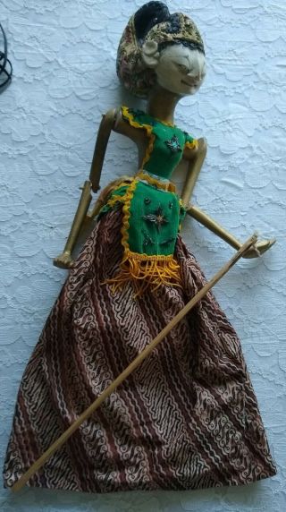 Vtg Indonesian Rod Puppet Wayang Golek Java Shadow Hand Carved Wooden Doll 19 "