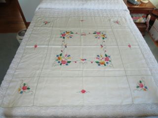 Vintage Appliqued & Embroidered Floral Linen Tablecloth - 50 " X 50 "