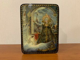 Russian Lacquer Box Swan And Queen Signed By Artist Decoupage Hand Made 4 "