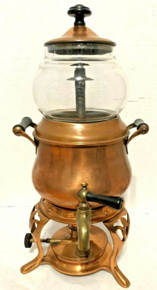 Vtg Glass Bubble Top Copper Coffee Maker Percolator,  Urn Oil Heat Wood Handles