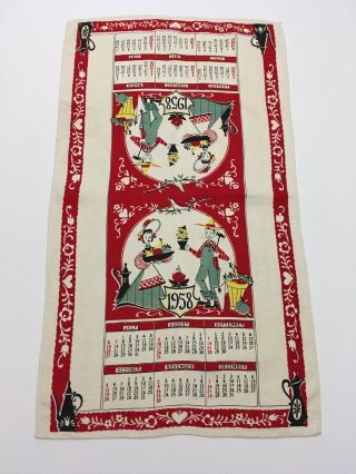 Vintage 1958 Calendar Souvenir Irish Linen Tea Towel Country Folk Motifs
