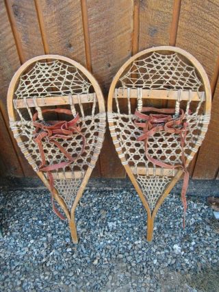 Interesting Vintage Snowshoes 32 " Long X 14 " Leather Bindings For Decoration