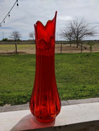 Vintage L.  E.  Smith ? Large Orange Red Swung Stretch Glass Vase 19.  5 Inches