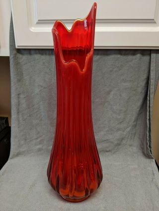 Vintage L.  E.  Smith ? Large Orange Red Swung Stretch Glass Vase 19.  5 inches 2