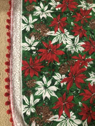 Vintage Christmas Poinsettia Oblong Cotton Tablecloth 58 " X 90 " Lace/fringe
