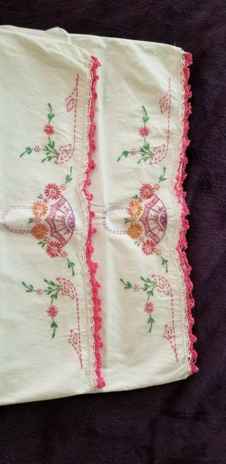 Vintage Pair White Pillowcases Cotton Hand Embroidered Pink Flowers Umbrella