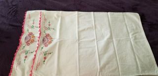 Vintage Pair White PillowCases Cotton Hand Embroidered Pink Flowers Umbrella 2