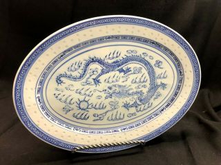 Vintage Chinese Rice Eyes Blue And White Porcelain Dragon Pattern 14 " Platter