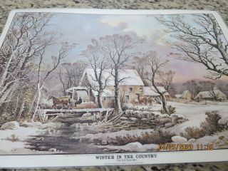Set Of 6 Vintage Vinyl Holiday Placemats - - Currier & Ives - Reverse Candles - - R5a