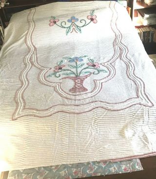 Vintage Chenille Bedspread W /flower Theme For Repair/parts 100 " Long X 85 " Wide