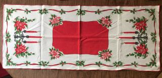 Vtg 1950 - 60s Christmas Table Runner Candlabra Holly Poinsettia Cotton 15.  5x37 "