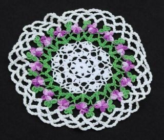 Fabulous Vintage Green Purple Floral Crocheted Doily Handmade