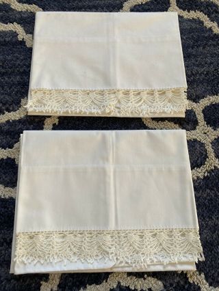 2 Vintage White Pillowcases - Hand Done Lace Embroidered Edge Perfect Con