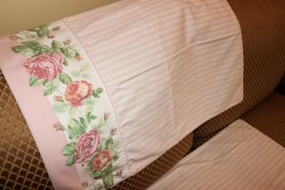 Two Laura Ashley Standard Country Rose Floral Pink & White Stripe Pillow Cases