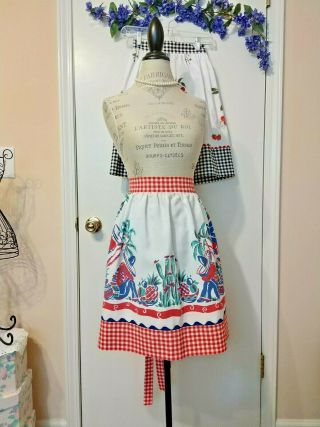 Half Apron Made W/vtg " South Border " Tablecloth & Red/pink/white Gingham Preown