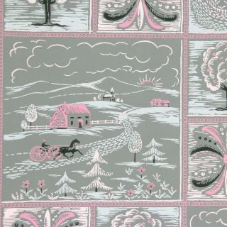 1950s Vintage Wallpaper Pink Farm Scene On Gray