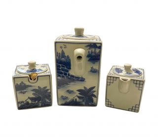 Vintage Asian Porcelain 3 Piece Tea Set Teapot Lidded Creamer & Sugar Bowl Spoon