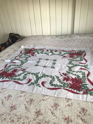 Vintage Christmas Tablecloth Cotton Retro Holly Poinsettias Bright Good Cotton