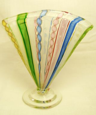 Vintage 1950 - 60 Murano Glass Vase Fratelli Toso Latticino Ribbed Ribbon Colorful