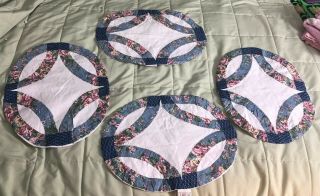 Vintage Placemats Set Of 4 Quilted Blue Floral Oval Wedding Ring