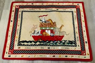 Vintage Country Crib Quilt,  Hand Made,  Noah’s Ark Printed Design,  Beige,  Navy