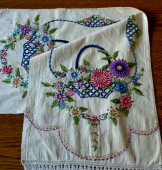 Vintage 16 " X 46 " Table Runner Dresser Scarf Embroider Victorian Flower Basket