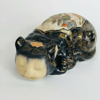 Vintage Chinese Ceramic/porcelain Hand Painted Sleeping Cat Figurine Black.