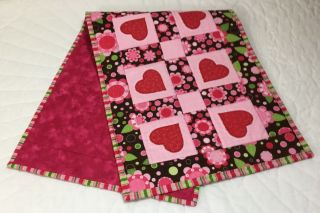 Patchwork Quilt Table Runner,  Squares With Appliquéd Hearts,  Pink,  Green,  Brown