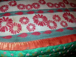 Vintage 40 ' s Red Cotton Reversible Camp Blanket w/Flowers Satin Edge.  70 