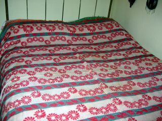 Vintage 40 ' s Red Cotton Reversible Camp Blanket w/Flowers Satin Edge.  70 