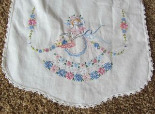 Vintage Embroidered Dresser Scarf Table Runner Lady Dress Flower Pink & Blue