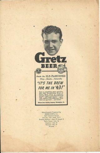 1943 Ad Proof - William Gretz Brewing Co.  - Philadelphia,  Pa - July 17
