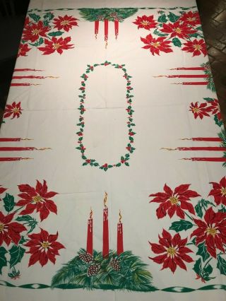 Vtg Christmas Holiday Cotton Table Cloth,  51 " X 59 " Poinsettias,  Candles,  Ribbon