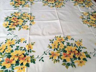 Vintage Mid Century Simtex Cotton Print Tablecloth,  Yellow & Green Floral 51x47”