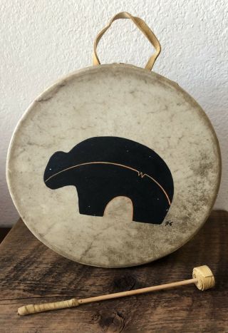 Native American Hand Drum Painted Bear/buffalo Initials 8x3 " W/ Stick,  Southwest