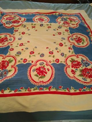 Vintage Floral Tablecloth 40s - 50s Red,  Blue,  White