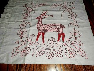 Vintage Pillowcase Wall Hanging,  Turkey Red Embroidery,  Scrolls,  Deer,  Flower