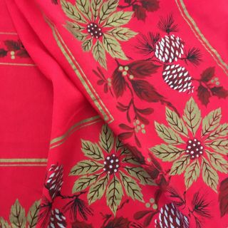 Vintage Christmas Printed Tablecloth Poinsettia Pine Cones Red Gold 55 " X 84 "