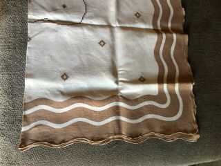 Vintage Handmade Linen Cross Stitch Tablecloth 48”x 66” Brown Scalloped Edged